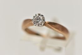 A 9CT GOLD SINGLE STONE DIAMOND RING, set with a round brilliant cut diamond, estimated diamond