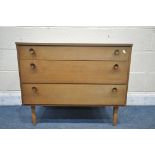 A MID CENTURY TEAK AVALON YATTON CHEST OF THREE LONG DRAWERS, width 82cm x depth 45cm x height