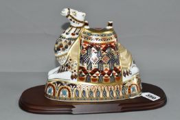 A ROYAL CROWN DERBY IMARI CAMEL PAPERWEIGHT, issued 1996-2008, gold button stopper, height 17cm,