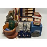 A BOX OF ASSORTED ITEMS, to include a selection of coins, a white metal 'Watkins Bee Meter',