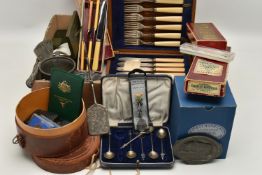 A BOX OF ASSORTED ITEMS, to include a selection of coins, a white metal 'Watkins Bee Meter',