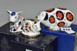 THREE ROYAL CROWN DERBY IMARI PAPERWEIGHTS, Pig issued 1985-1991, Piglet issued 1996-1999 (not
