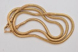 A 9CT GOLD SNAKE CHAIN NECKLACE, a yellow gold chain, fitted with a spring clasp, approximate length
