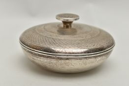 A SILVER LIDDED POT, of a circular form, engine turned pattern with round finial, brown plastic