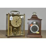 TWO MANTEL CLOCKS, comprising a German Koma anniversary style gilt metal 3 pane clock, height