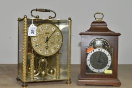 TWO MANTEL CLOCKS, comprising a German Koma anniversary style gilt metal 3 pane clock, height