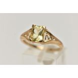 A 9CT GOLD CITRINE RING, yellow gold, set with a rectangular cut citrine, four claw set to the