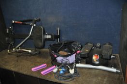 A BODY SCULPTURE ROWING MACHINE, an Olympus stepper and a bag of skipping rope, hand grippers etc