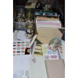 THREE BOXES OF CRAFTING, SEA SHELLS AND PHONES, to include stickers, labels and card, six Kilner