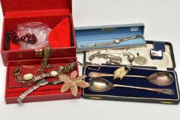 A BOX OF ASSORTED JEWELLERY AND OTHER ITEMS, to include two white metal Nefertiti pendants, a