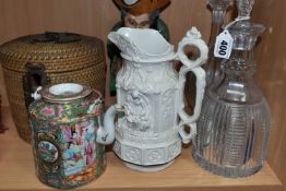 A GROUP OF CERAMICS AND GLASS WARES, comprising a Chinese famille rose teapot with its woven