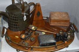 A COLLECTION OF TREEN AND METALWARE, comprising an oval oak drinks tray with a central