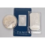 TWO SILVER INGOTS AND A COIN, to include a carded 'Pamp' 2.5 gram fine silver ingot, stamped