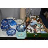 ONE BOX OF ORNAMENTS, COLLECTOR'S PLATES AND KITCHENWARE, to include two cut crystal decanters, a