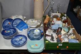 ONE BOX OF ORNAMENTS, COLLECTOR'S PLATES AND KITCHENWARE, to include two cut crystal decanters, a