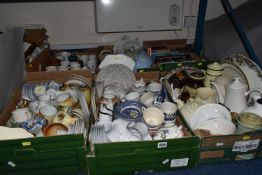 SIX BOXES OF CERAMICS AND BOOKS, including assorted kitchen crockery, mugs, part tea sets, etc, s.d.