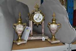 A MARBLE AND GILT METAL CLOCK GARNITURE, the white enamel dial bearing black Arabic numerals and