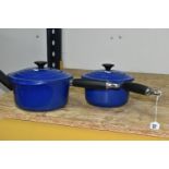 TWO LE CREUSET SAUCEPANS, in mid blue with precision pour lips, diameters 20cm and 18cm (2) (