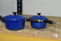 TWO LE CREUSET SAUCEPANS, in mid blue with precision pour lips, diameters 20cm and 18cm (2) (