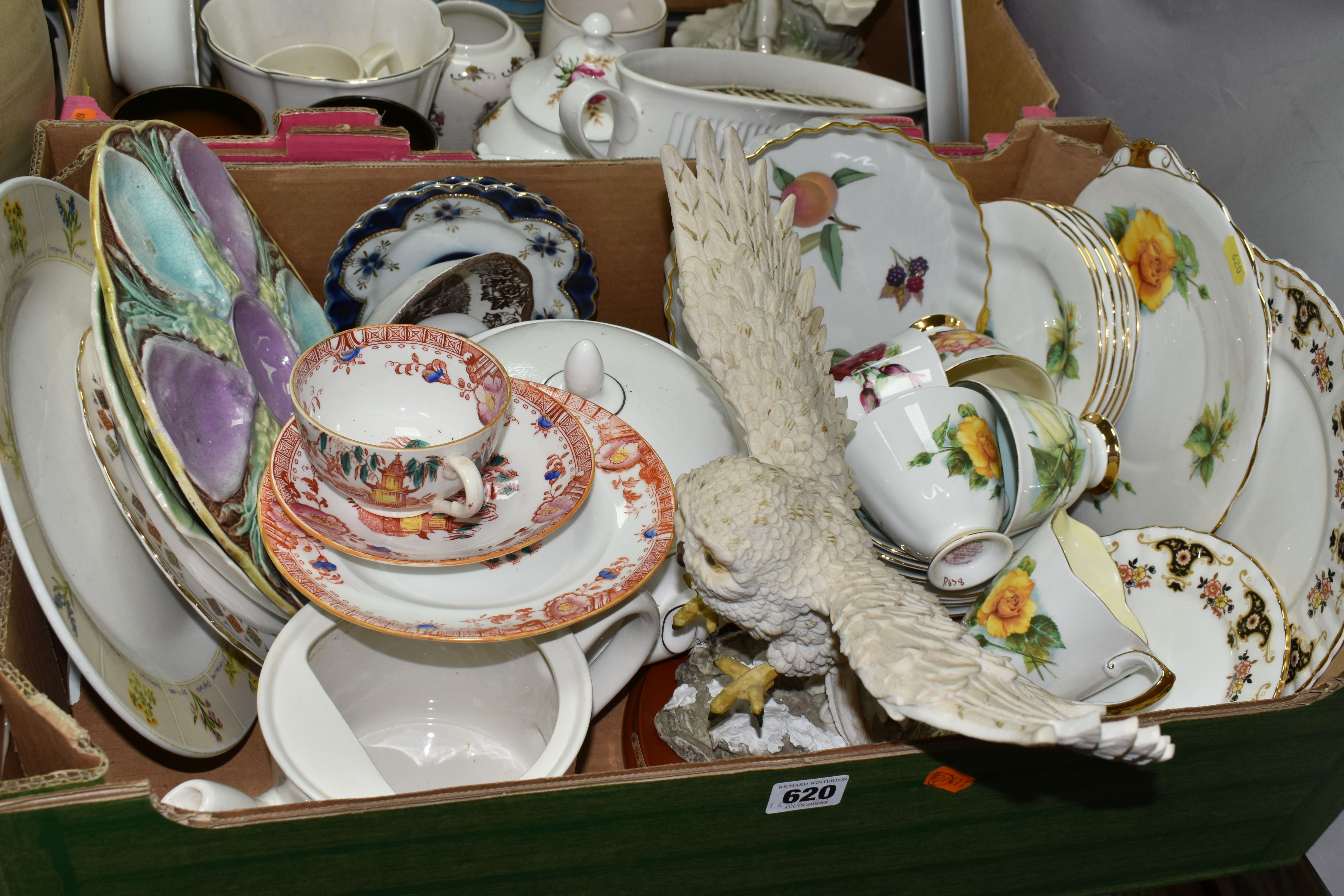 FOUR BOXES AND LOOSE CERAMICS AND ORNAMENTS, to include four cups, six saucers, milk jug, six tea - Image 2 of 7