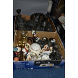 THREE BOXES OF CERAMICS, PEWTER, TEDDY BEARS AND SUNDRY ITEMS, to include a collection of pewter