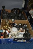 THREE BOXES OF CERAMICS, PEWTER, TEDDY BEARS AND SUNDRY ITEMS, to include a collection of pewter