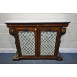 A REGENCY ROSEWOOD TWO DOOR CUPBOARD, with a veined marble top, the cupboard doors with a brass mesh