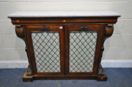 A REGENCY ROSEWOOD TWO DOOR CUPBOARD, with a veined marble top, the cupboard doors with a brass mesh