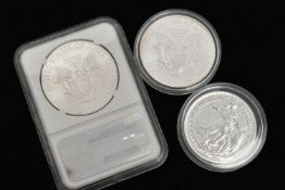 THREE SILVER COINS, to include a graded NCG, 2013 Eagle One Dollar 1oz, fine silver coin, a United