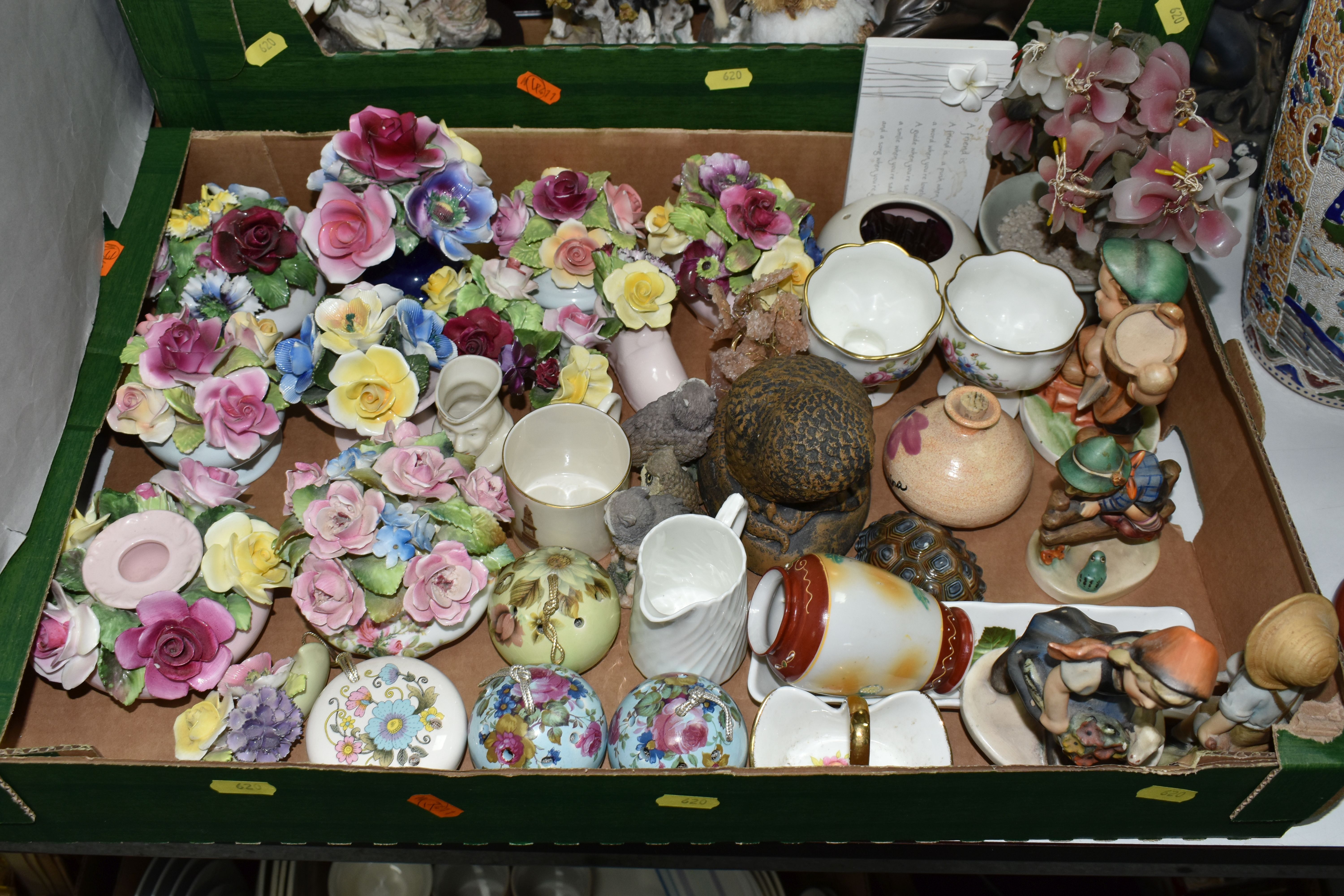 FOUR BOXES AND LOOSE CERAMICS AND ORNAMENTS, to include four cups, six saucers, milk jug, six tea - Image 4 of 7