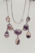 A BLUE JOHN NECKLACE, comprised of five oval cabochon stones and three additional pear cabochon