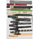 A SELECTION OF PENS AND PENCILS, to include a gold plated Waterman C/F, fitted with a 18k nib, a