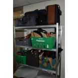 SIX BOXES AND LOOSE HANDBAGS, PURSES AND LADIES SHOES ETC, various materials including leather, faux