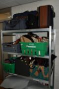 SIX BOXES AND LOOSE HANDBAGS, PURSES AND LADIES SHOES ETC, various materials including leather, faux
