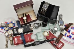 A BOX OF WRISTWATCHES, to include a ladys boxed 'Karen Millen' quartz watch, a ladys boxed 'Rotary',