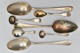 A SMALL PARCEL OF SILVER FLATWARE, comprising a George III Hanoverian pattern tablespoon, maker