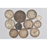 A SMALL BAG OF ASSORTED SILVER COINS, to include an 1892 crown, Half Crown, One Shilling, Three