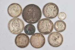 A SMALL BAG OF ASSORTED SILVER COINS, to include an 1892 crown, Half Crown, One Shilling, Three