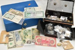 ONE LARGE AND ONE SMALL CASHBOX OF MIXED COINAGE, to include a few banknotes and small amount of