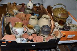 THREE BOXES OF ART POTTERY, to include tureens, storage canisters, ornaments, bowls, plates, jugs