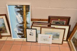 A SMALL QUANTITY OF PAINTINGS AND PRINTS, to include two A. M. Bumstead landscape watercolours,