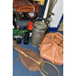 ONE BOX OF SUNDRIES, to include a Thermos 'Tiffin Tin', two floor standing metal candleholders,