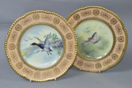 TWO CAULDON CHINA HANDPAINTED CABINET PLATES, painted with scenes of ducks and fish, with pale