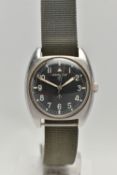 A VINTAGE HAMILTON BRITISH MILITARY ISSUE WRISTWATCH WITH BROAD ARROW SYMBOL, matt black dial with