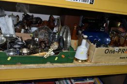 THREE BOXES AND LOOSE CERAMICS, GLASS, METAL WARES, SEWING MACHINE AND SUNDRY ITEMS, to including