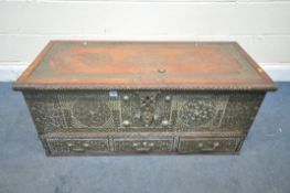 AN ANGLO INDIAN HARDWOOD AND STUDDED BLANKET CHEST, with three drawers, width 110cm x depth 47cm x