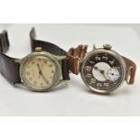 TWO MANUAL WIND EARLY TO MID 20TH CENTURY WRISTWATCHES, the first a discoloured silvered dial