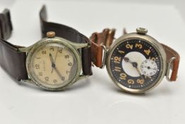 TWO MANUAL WIND EARLY TO MID 20TH CENTURY WRISTWATCHES, the first a discoloured silvered dial