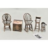 FIVE ELIZABETH II SILVER PIECES OF MINIATURE FURNITURE, comprising a Windsor chair, a rocking chair,