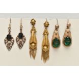 TWO PAIRS OF LATE VICTORIAN/ EARLY 20TH CENTURY DROP EARRINGS AND ANOTHER PAIR, the first a pair